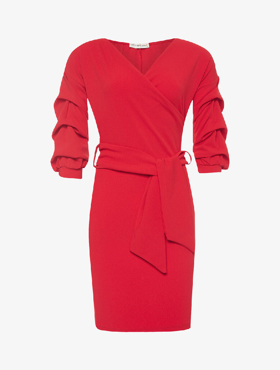 Robe drapée manches froissées - rouge - 1