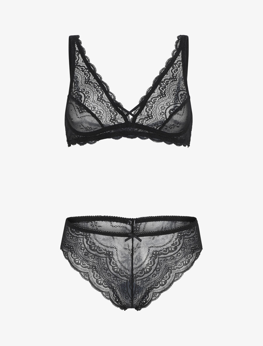 Ensemble en dentelle fleurie - Noir - 2