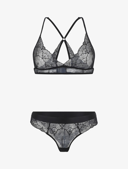 Ensemble soutien-gorge triangle et shorty en dentelle - Noir - 2