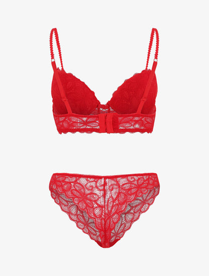 Ensemble soutien-gorge push up et tanga en dentelle - Rouge - 3
