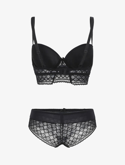 Ensemble push up à large bande en dentelle - Noir - 2
