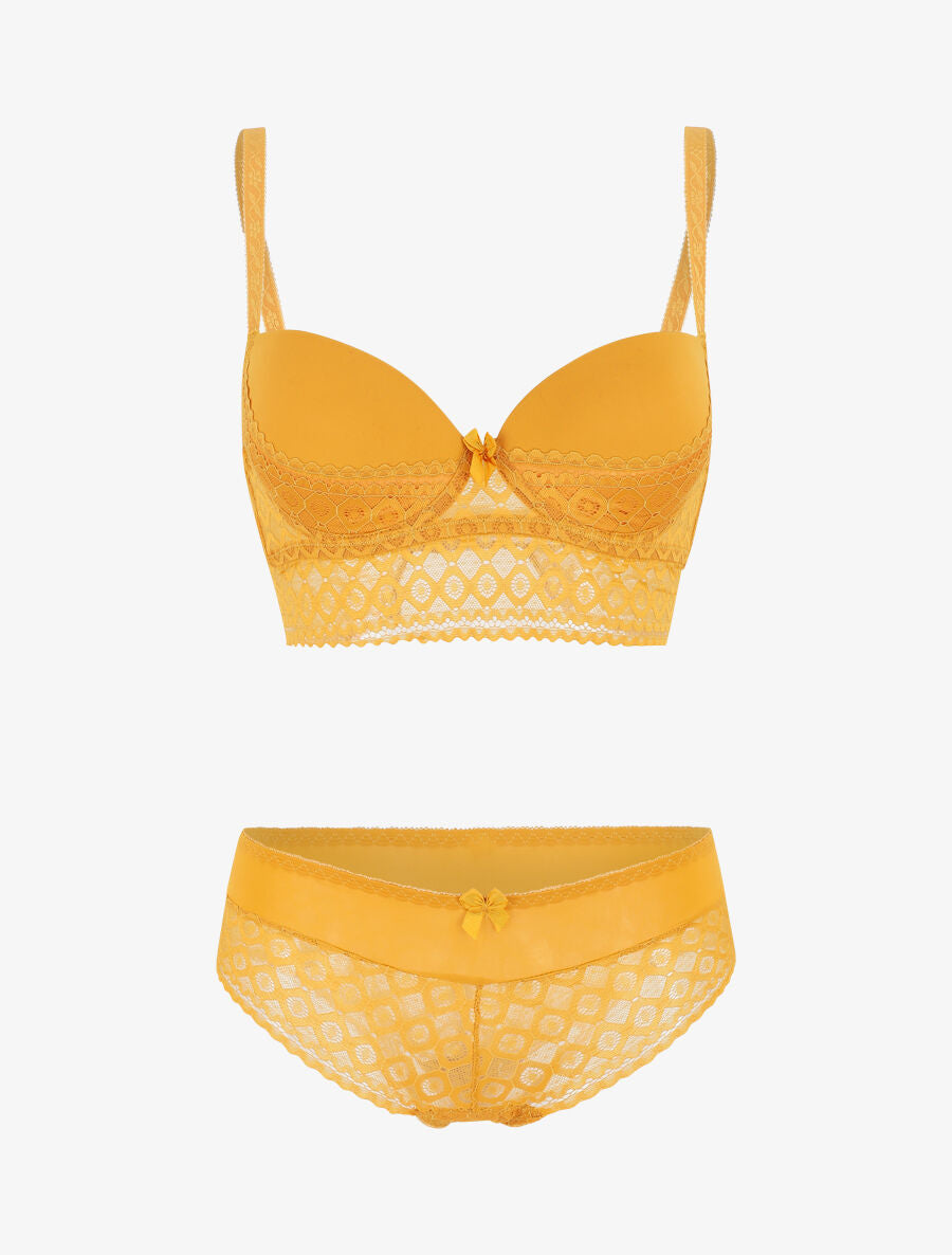 Ensemble push up à large bande en dentelle - Jaune moutarde - 2