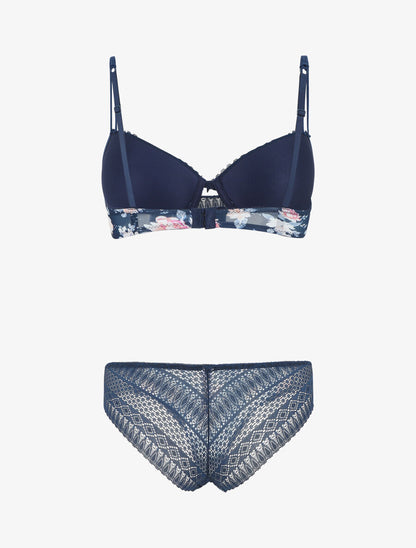 Ensemble push up imprimé fleuri et dentelle - Marine - 3