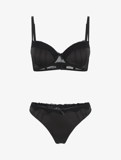 Ensemble push up en dentelle effet satiné - Noir - 2