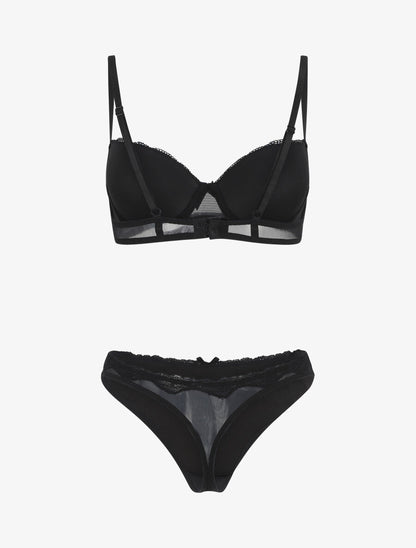 Ensemble push up en dentelle effet satiné - Noir - 3