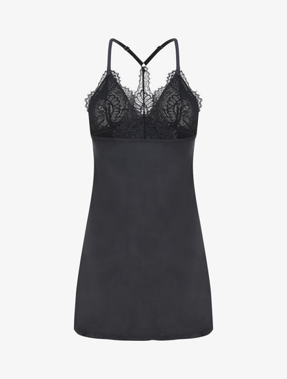 Robe nuisette dos nageur et dentelle - Noir - 2