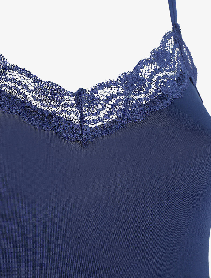 Ensemble pyjama uni à détail dentelle - Marine - 3