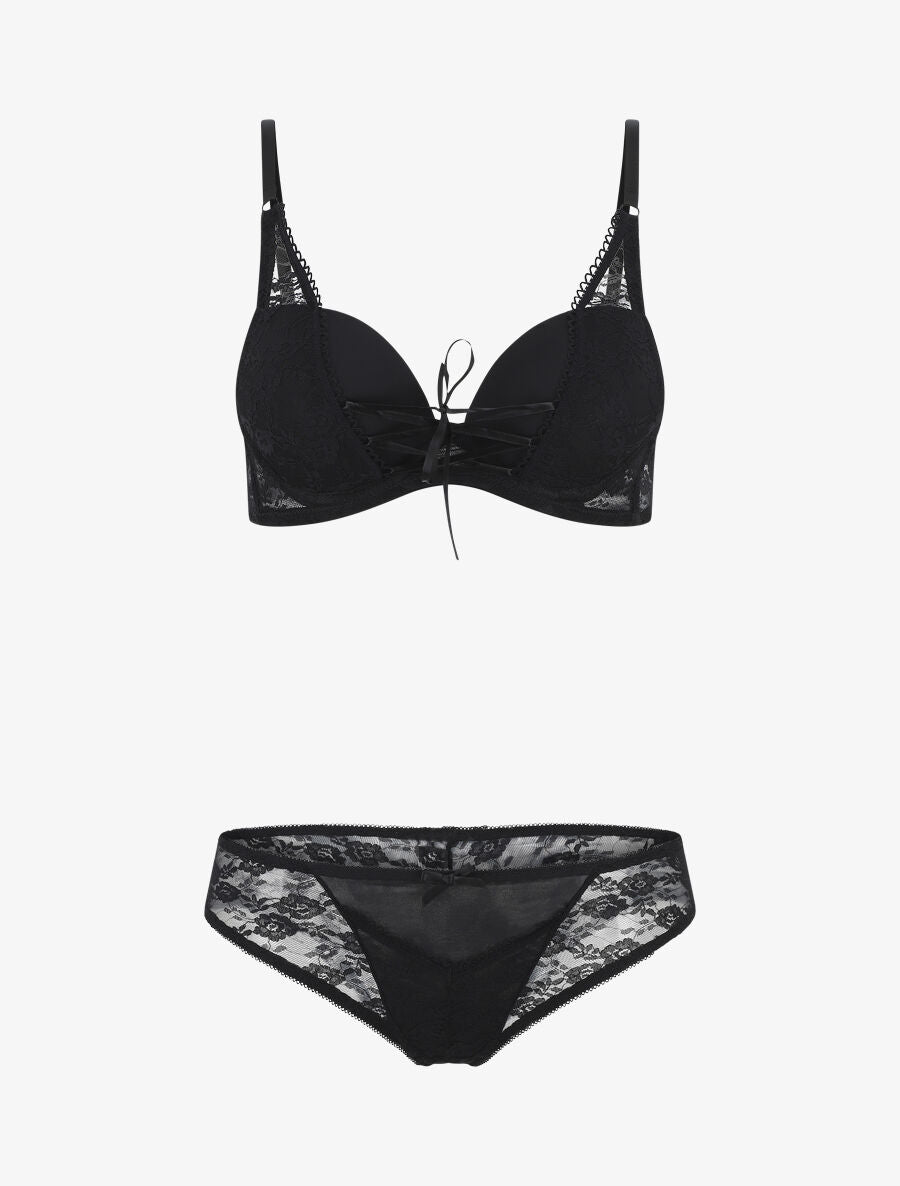 Ensemble push up en dentelle et liens à nouer - Noir - 2