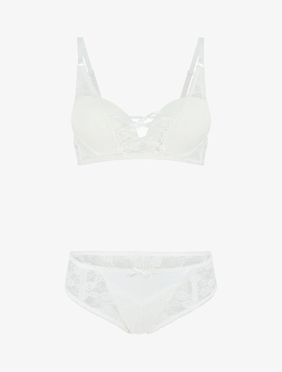 Ensemble push up en dentelle et liens à nouer - Blanc - 2