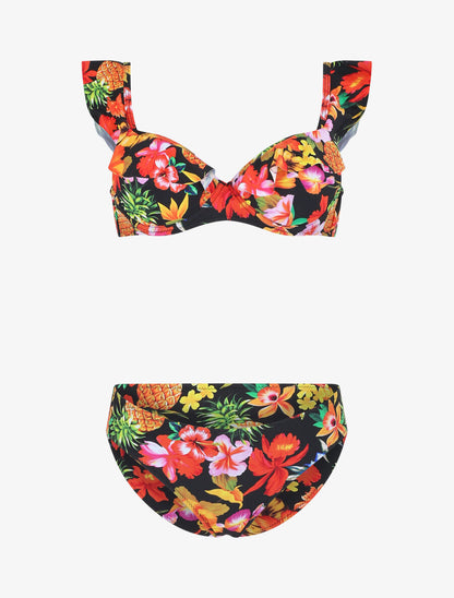 Bikini imprimé fleuri et volants - Noir - 1