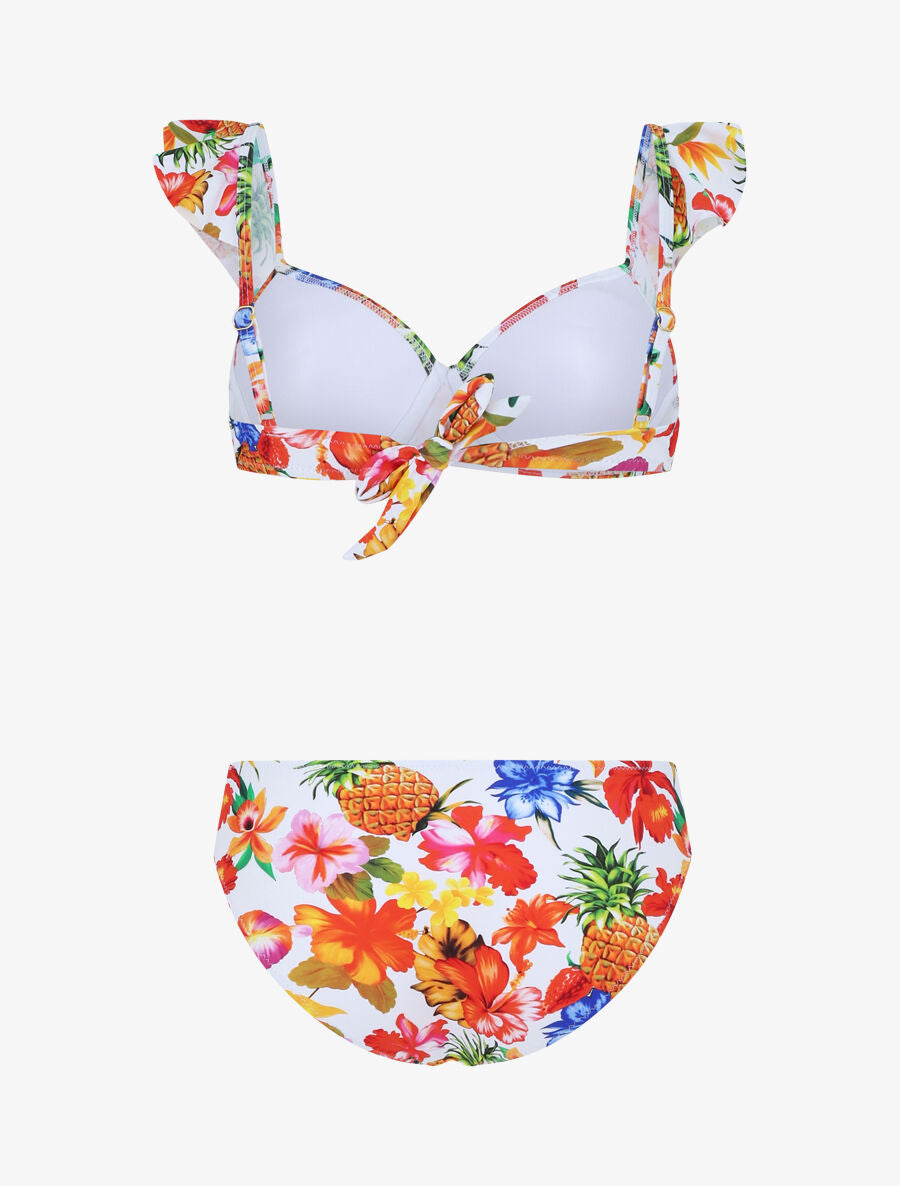 Bikini imprimé fleuri et volants - Blanc - 3
