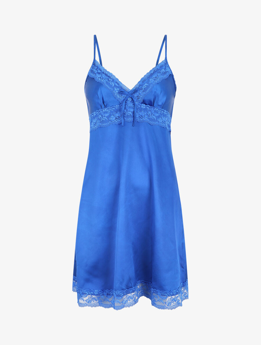 Nuisette Vintage «Souple» Satinée Bleu Brillant, Taille 46-48, Brodée, 100% Polyamide, France