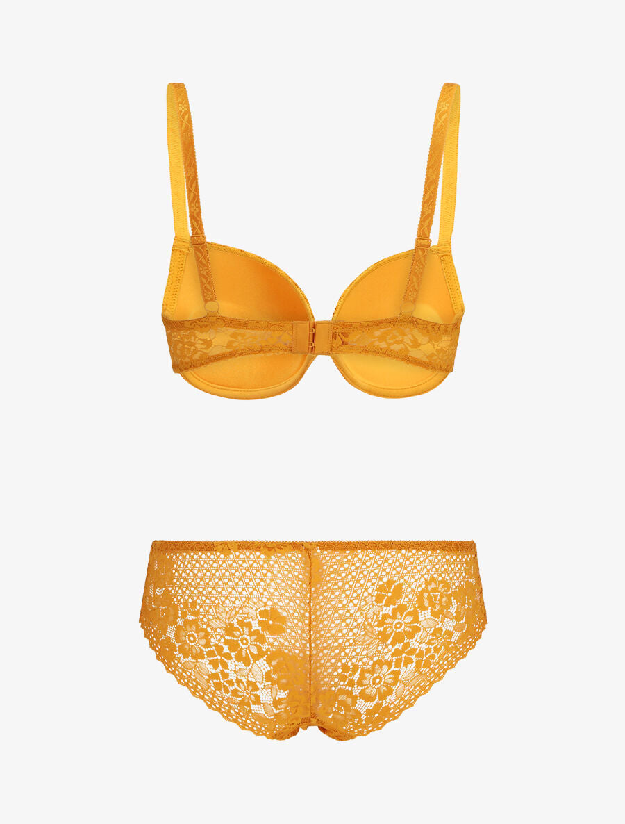 Ensemble push up et culotte en dentelle - Jaune moutarde - 2