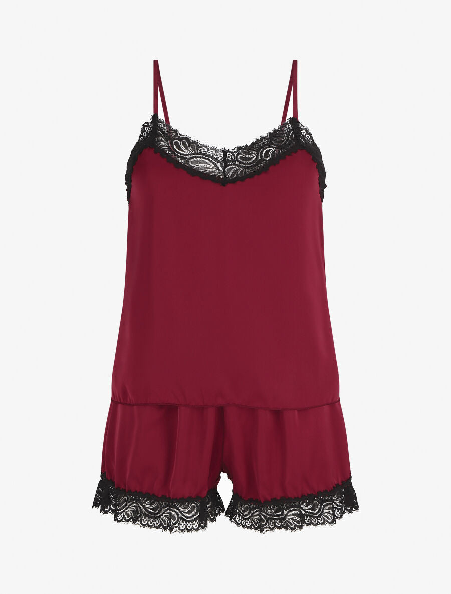 Ensemble caraco et short de pyjama satiné - Bordeaux - 1