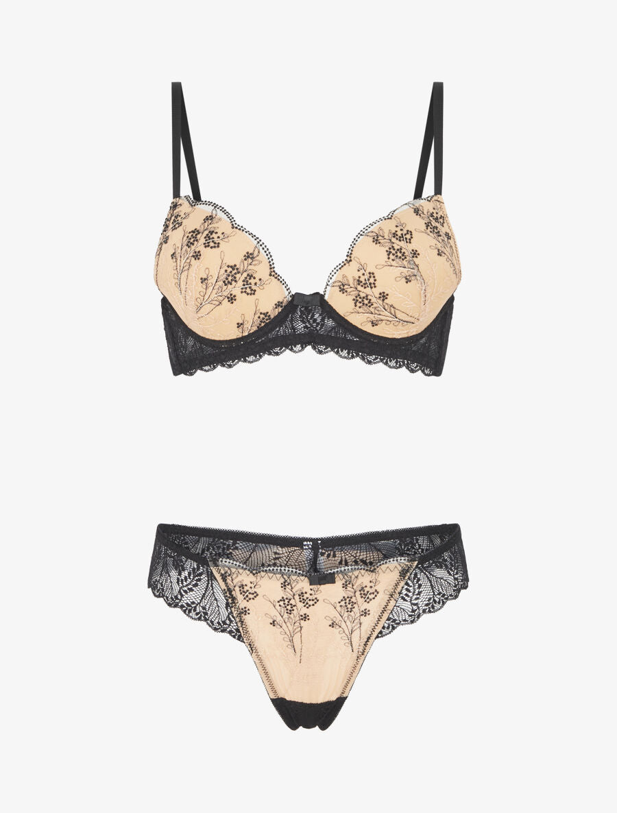 Ensemble soutien-gorge et tanga en dentelle irisée - Noir/beige - 1