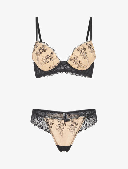 Ensemble soutien-gorge et tanga en dentelle irisée - Noir/beige - 1
