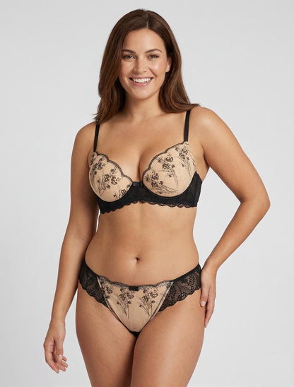 Ensemble push-up et tanga dentelle irisée - Noir/beige