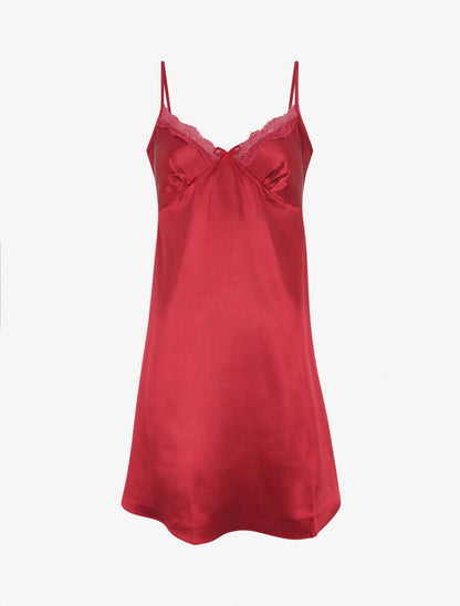 Nuisette unie à col V en dentelle effet satiné - Bordeaux - 4
