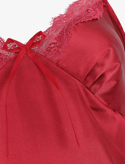 Nuisette unie à col V en dentelle effet satiné - Bordeaux - 3