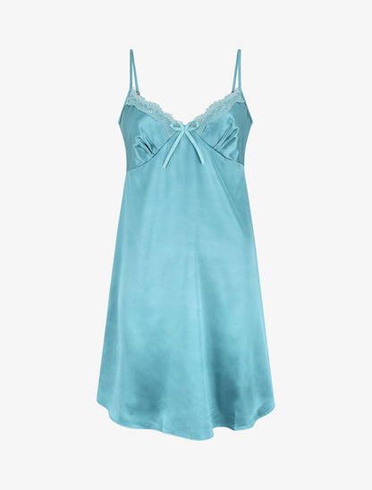 Nuisette unie à col V en dentelle effet satiné - Turquoise - 4