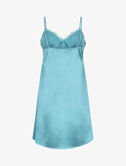 Nuisette unie à col V en dentelle effet satiné - Turquoise - 2