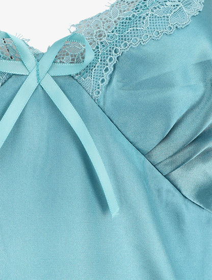 Nuisette unie à col V en dentelle effet satiné - Turquoise - 3