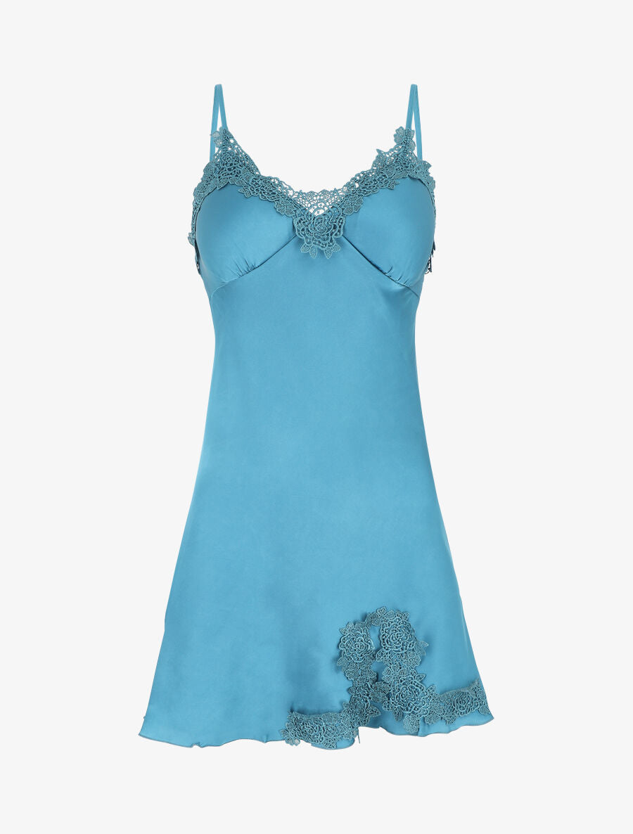 Nuisette satinée col en dentelle - Bleu canard - 1