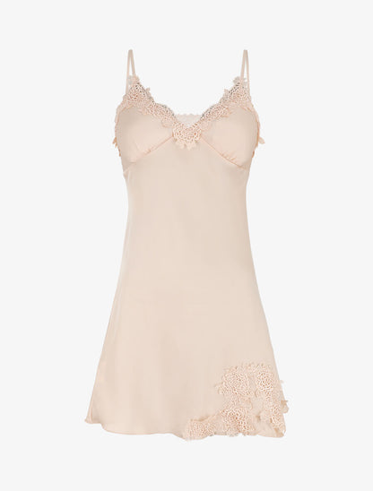 Nuisette satinée col en dentelle - Beige - 4