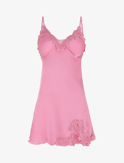 Nuisette satinée col en dentelle - Rose - 1