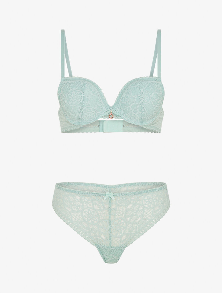 Ensemble soutien-gorge et tanga ajouré et bijoux strassé - Vert d&