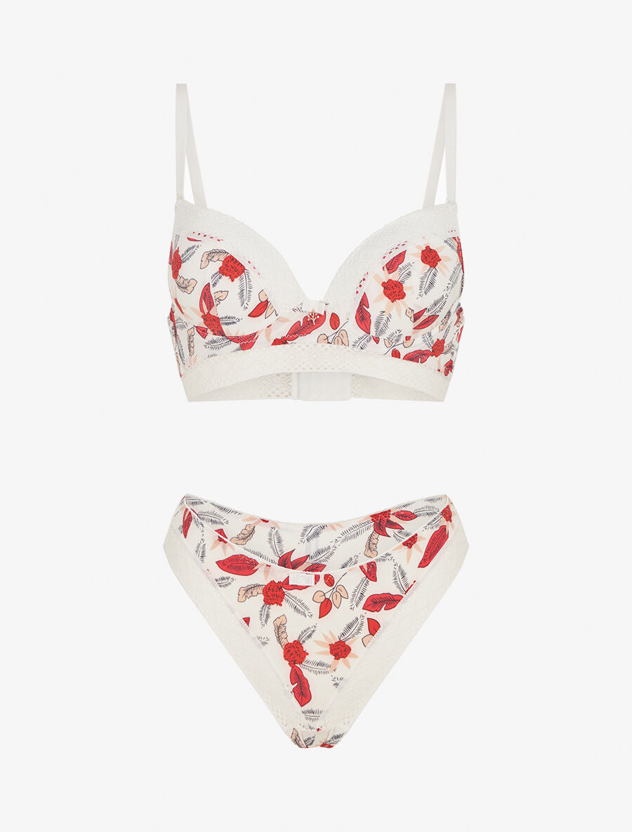 Ensemble soutien-gorge et tanga imprimé feuillage - Blanc - 3