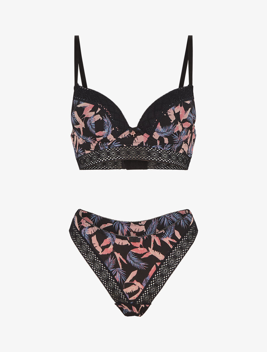 Ensemble soutien-gorge et tanga imprimé feuillage - Noir - 3