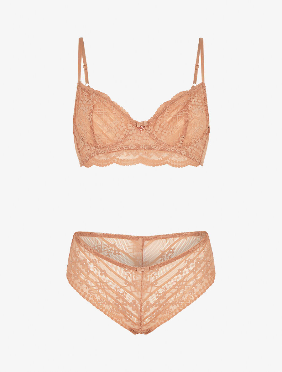 Ensemble soutien-gorge et culotte à bijoux arbre strassé - Camel - 1
