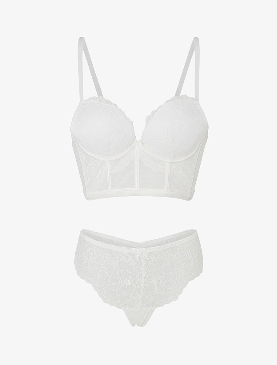 Ensemble lingerie style corset à dentelle fleurie - Blanc - 1
