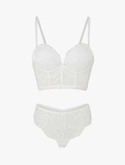 Ensemble lingerie style corset à dentelle fleurie - Blanc - 1