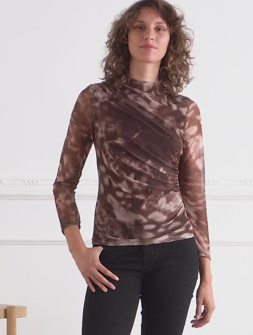 Top en tulle à encolure montante - Marron