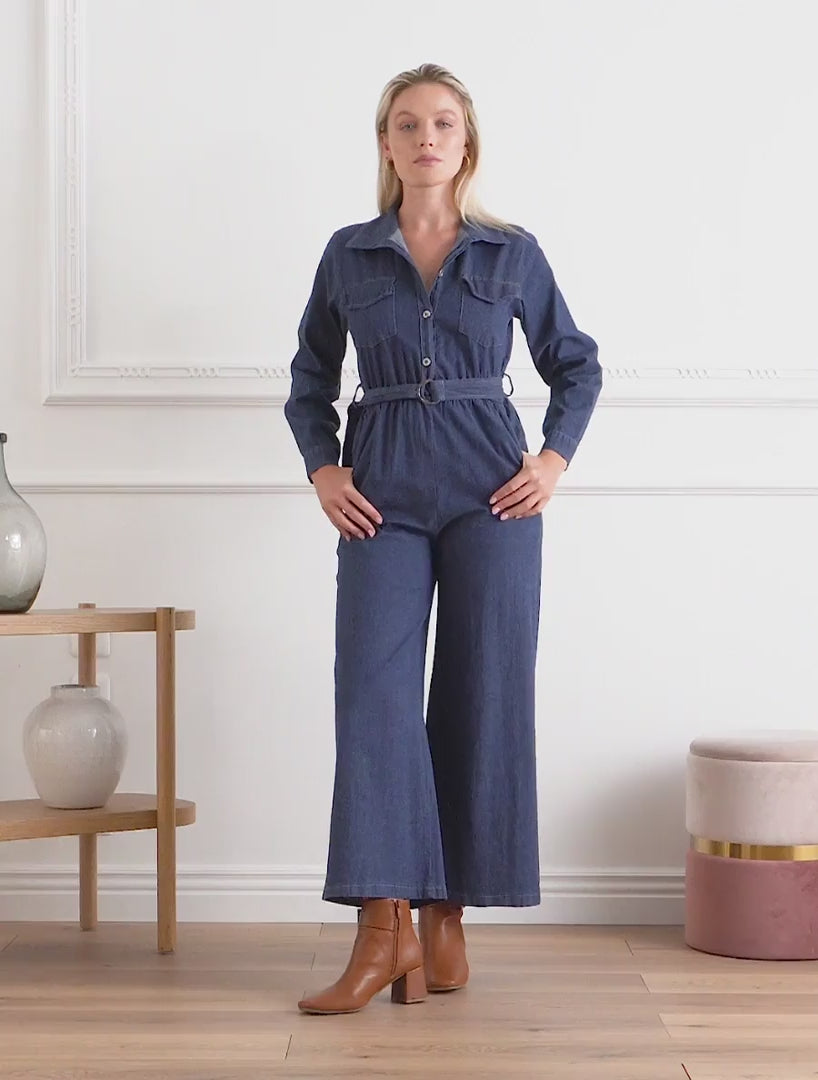 Combinaison en denim col à pied - Bleu denim