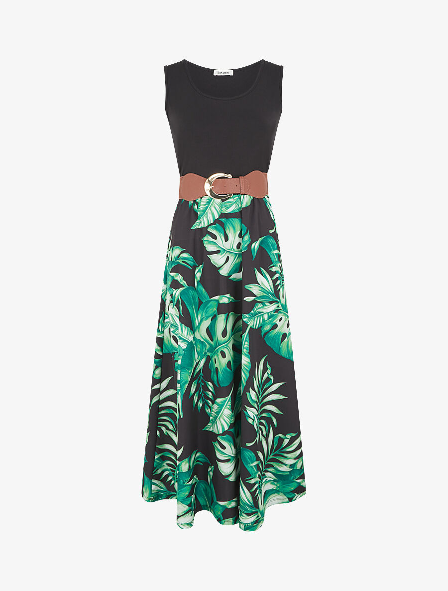 Robe longue evasee bi matiere imprime tropical Inspee